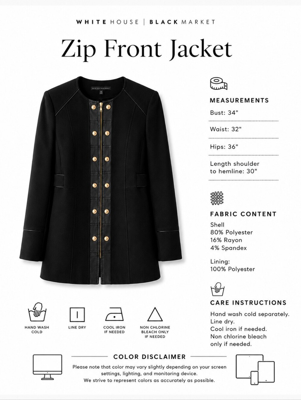 White House Black Market | Black Zip Front Jacket Gold Button Detail | Size: XS - Picture 3 of 9